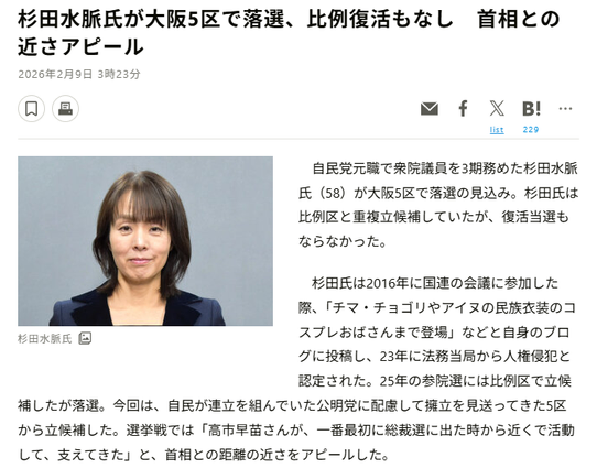 Article from Asahi Shimbun. JP headline: 杉田水脈氏が大阪5区で落選、比例復活もなし　首相との近さアピール