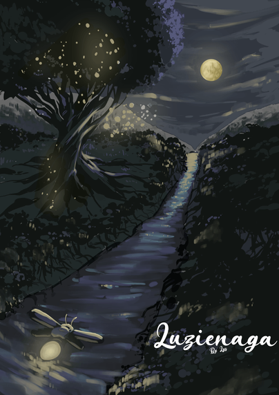 Una portada donde una luciernaga sale en primer plano, esta vuela hacia un camino rodeado por la ciénaga, arriba de esta una Luna brillante. Tambien a la izquierda de la composición dentro de la ciénaga existe un gran árbol lleno de pequeñas luminosas.