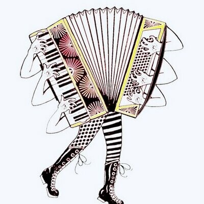 Punk illustration of a six-armed self-playing accordion out for a stroll in mismatched stockings and tall boots.  Each of the arm's six hands is alive with the wisdom of a third eye.  Art by Julie the Bruce.