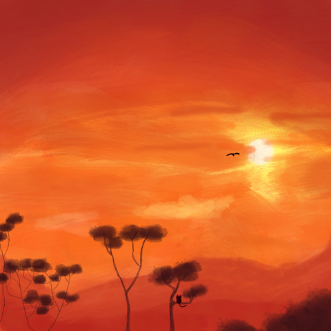 A digital painting of a vibrant sunset. The sky is a mix of deep reds, vibrant oranges and bright yellow amidst clouds. 

In the foreground is the canopy of tall trees. A little kitty silhouette is sitting on one of the branches, looking out at a bird flying towards the sun 