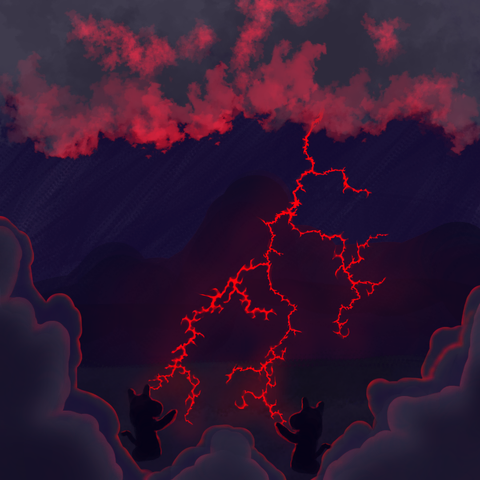 A digital painting of a dark blue nightscape being split by a vibrant bolt of jagged crimson lightning. Two dark silhouettes have their arms raised to the sky, as though they were chanting terrible things to the clouds above.