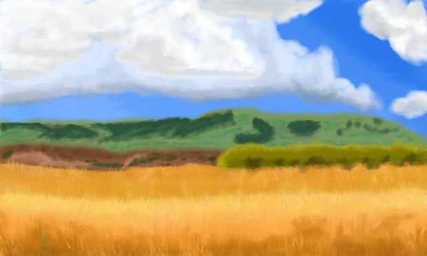 A digital painting of a field of wheat with a grassy mountain in the distance. The sky is blue and there are lots of clouds.