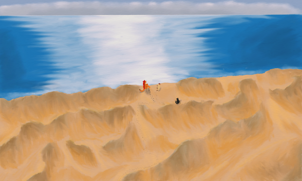 Digital painting of a broad beach/ocean landscape. There are many dunes of sand shaded along the beach.

The reflection of the sunlight forms a path of white towards the horizon as it stretches across the water.

Three characters sit on the edge of the beach, looking out across the water. A lion with a red mohawk is curled up next to a larger tiger who has an even larger and even more red mohawk. Sitting back from them is a black jaguar curled up in a ball. 