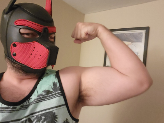 Me wearing my red puphood and flexing