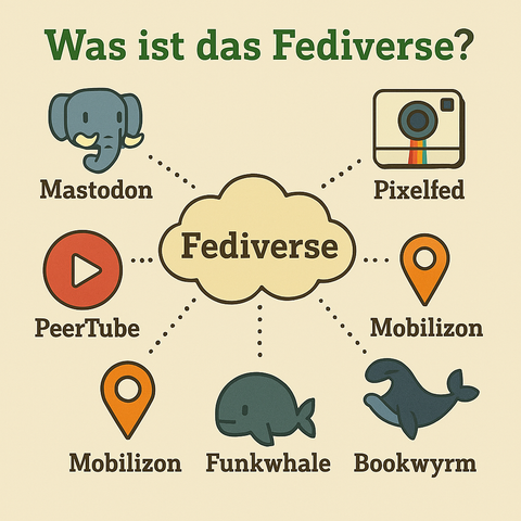 Bild „Was ist das Fediverse?“:

Illustration im Retro-Stil mit einer gelben Wolke in der Mitte, beschriftet mit „Fediverse“. Von der Wolke führen gepunktete Linien zu sieben Diensten, jeweils mit Icon und Namen: Mastodon (blauer Elefant), PeerTube (roter Play-Button), Mobilizon (zweimal, orange Standort-Pin), Funkwhale (blauer Wal), Bookwyrm (schwarzer Wal mit Flosse) und Pixelfed (Kamera mit Regenbogenstreifen). Oben steht in Grün: „Was ist das Fediverse?“