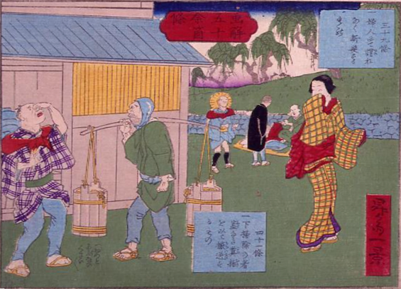 A nightsoilman working his trade in 1870s Tokyo.