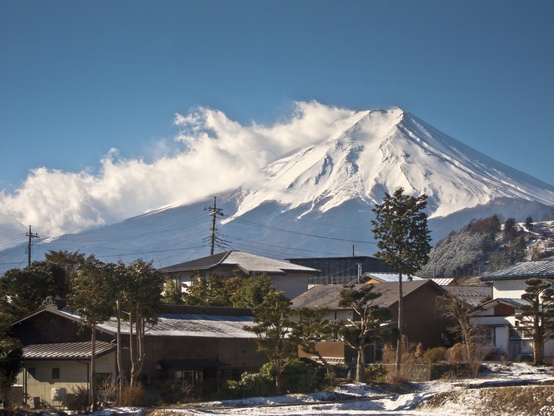 View of Mt Fuji with snow on the top.
