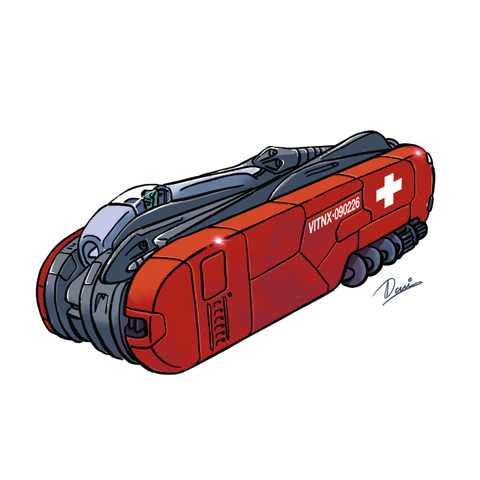 An illustrated, futuristic-looking transport vehicle in red with a swiss white cross. The design features sleek curves and advanced technology elements in the shape of a Swiss Army knife. The vehicle is shown from a side angle against a plain white background.