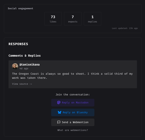 A screenshot of a widget on https://behindtheviewfinder.com/floras-lake post showing social network engagement across syndicated Mastodon and Bluesky posts including a reply synced back from Mastodon post