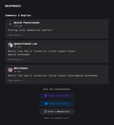 A screenshot from https://behindtheviewfinder.com/exploring-the-smallweb-and-indieweb showing a reply box showing a reply sent via Webmention, a Bluesky reply and a Mastodon reply