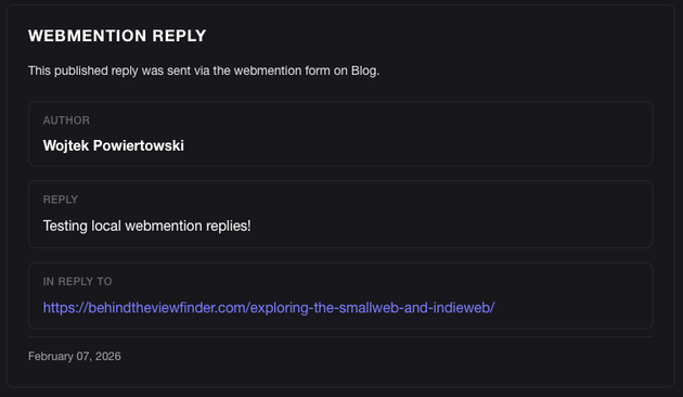 A screenshot showing a test reply via Webmention