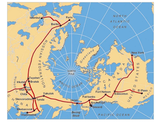 A map showing earth from the artic pole perspective, with paths indicating a proposed railway from new passing thru Canada, and crossing the Bering strait to Russia, and going all the way to Paris.