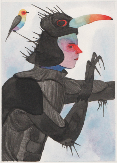 Dessin d'un personnage dans une arme noir , heaume en forme de tête d'oiseau, et oiseau perché dessus