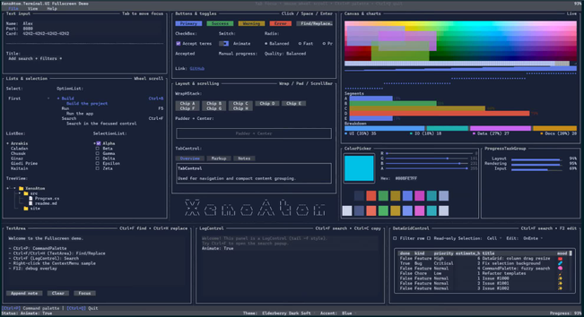Video capture of the FullscreenDemo of XenoAtom.Terminal.UI