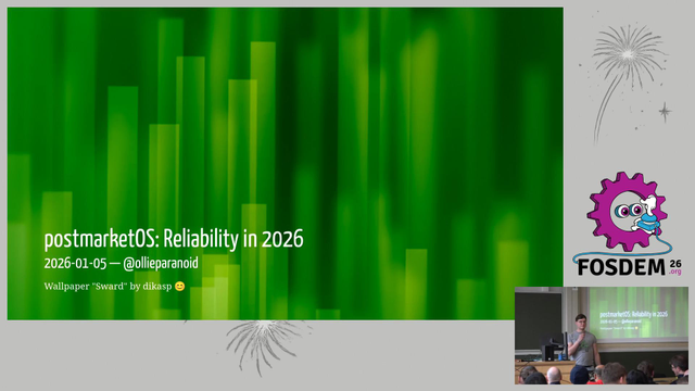 Title card of the talk: "postmarketOS: Reliability in 2026"