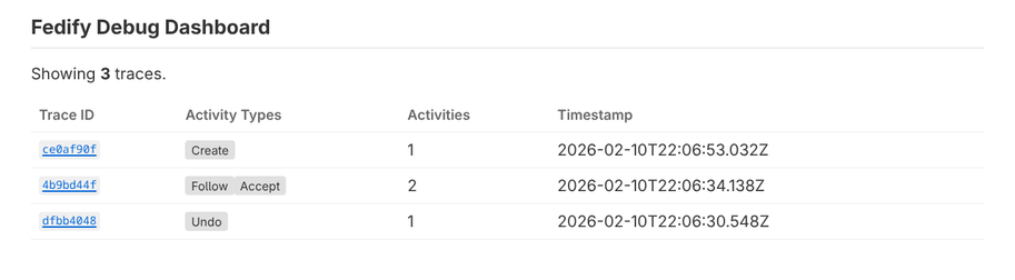 Traces list page of the debug dashboard