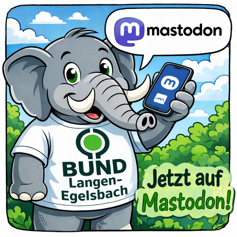 Das Mastodon-Maskotchen mit einem Smartphone in der Hand.