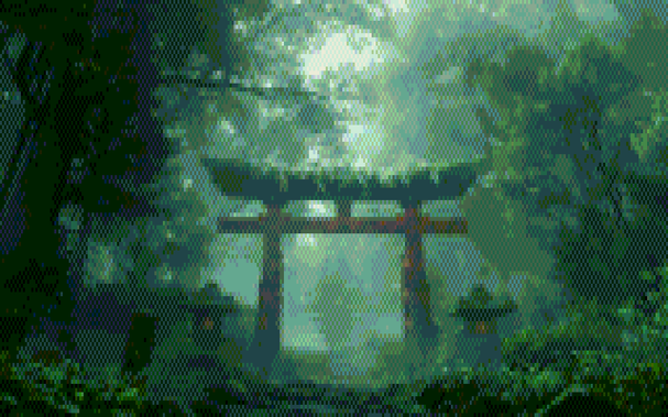 an overgrown torii gate in a forest