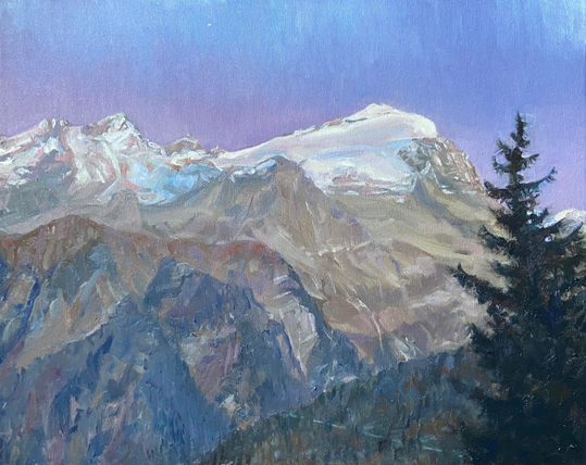 Die Adula Bergkette, auch Rheinwaldhorn genannt, mit Gletscher beim Einnachten. Der Himmel ist violett-blau, die schneebedeckten Flächen leuchten im Restlicht, im Tal unten ist es bereits dunkel. Rechts im Vordergrund steht eine Tanne. Unten an der diesseitigen Bergflanke entlang ist ein Weg sichtbar. Im Himmel leuchtet der Abendstern.