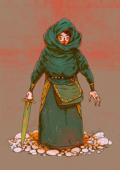 Illustration of a person wearing a heavy hooded tunic holding a sword. Medieval fantasy style.