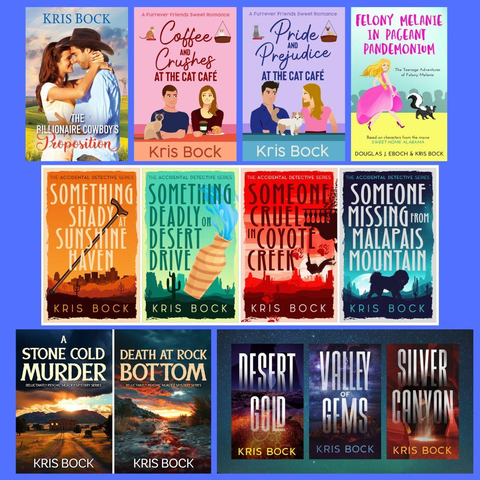A variety of book covers are shown, including mystery, romance, romantic comedy, and romantic suspense covers. 