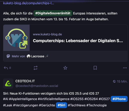 Screenshot eines Ausschnitts meiner Startseite. Hervorgehoben sind Hashtags, denen ich folge in verschiedenen Farben.