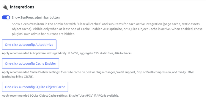 Screenshot of the "Integrations" section of the ZenPress plugin.