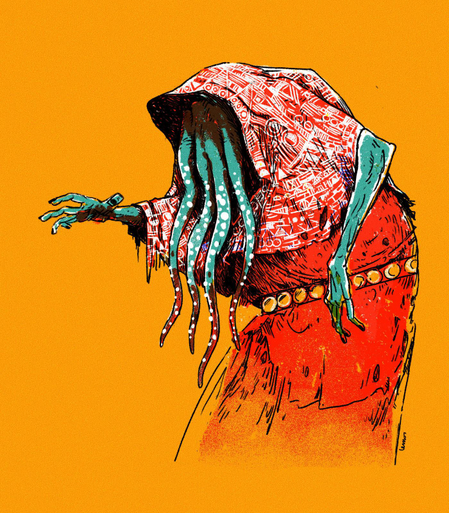 Illustration of a person wearing a red tunic and hood and tentacles coming out of their face. In a pose like dancing.