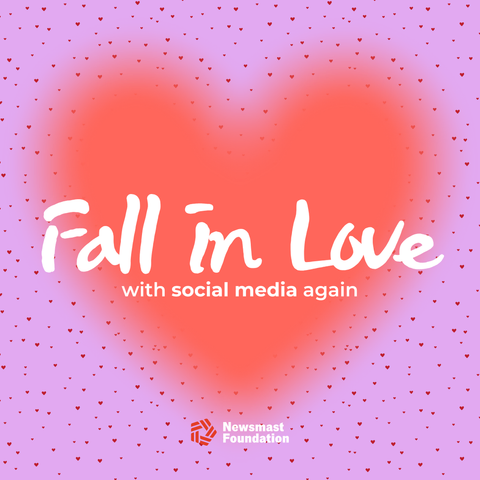 A graphic showing a red heart over a background of pink, decorated with smaller red hearts. Over the design, text reads: "Fall in love with social media again."