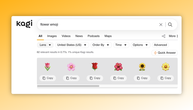 Kagi search results for 'flower emoji' showing six flower emojis with copy buttons