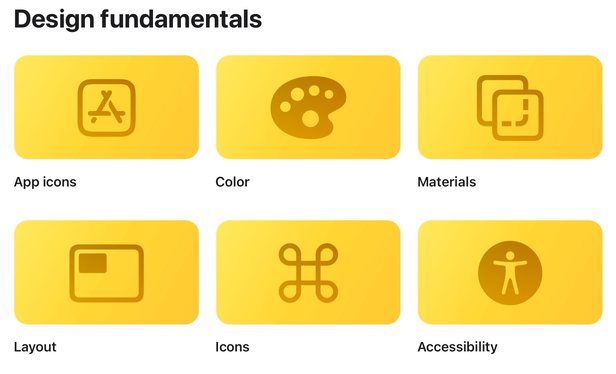 The top-level navigation section of the “Design fundamentals” section in Apple’s Human Interface Guidelines. The six chapters in this section are App icons, Color, Materials, Layout, Icons, and Accessibility.