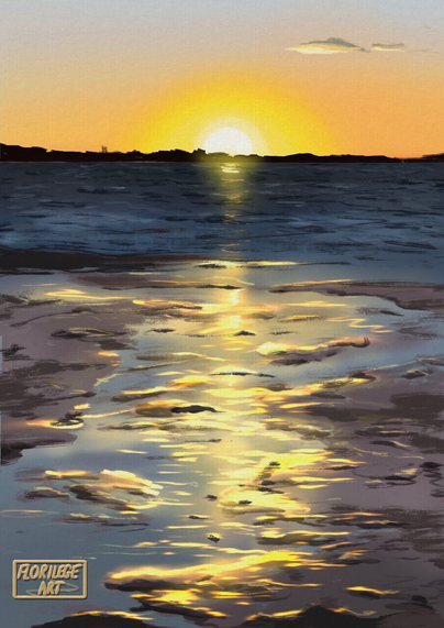 digital painting of a sunset over the sea. The foreground is wet sand and shallow pools lit by the sun in yellow and oranges, and there is a line of land beyond the bay in the background. The sky is clear with only two very small clouds, and the sun is halfway set.