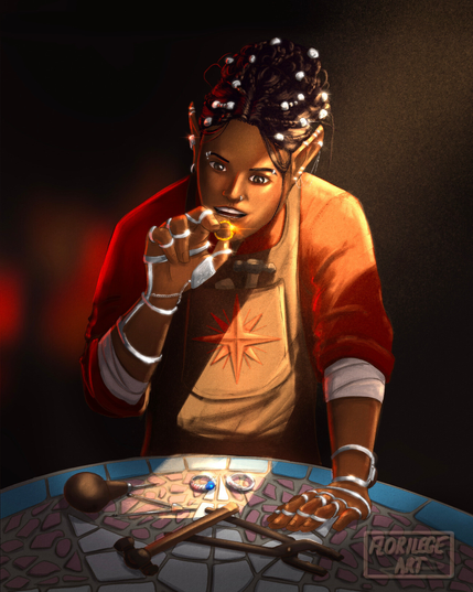 digital painting of Celebrimbor from the Silmarillion, an elf with light brown skin and long dark hair braided up with silver beads, holding up a golden ring. Two more rings are on a table before him, along with smithing/jewellery making tools. He is wearing a brow apron with a red 8-point star on the pocket, a red shirt, compression bandages on his elbows, and multiple earrings and eyebrow piercings, and his hands have a number of finger and wrist silver splints. The table has a mosaic of a star in trans flag colours