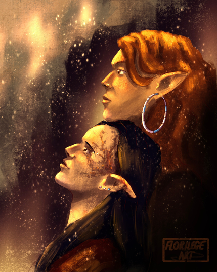 [Digital painting of Fëanor and Nerdanel from the Silmarillion in profile. Nerdanel, a light-skinned female elf with long red hair, is leaning her chin on the top of Fëanor's head, who is a very light-skinned male elf with long black hair. Fëanor has extensive scarring on the side of his face and his ear. They are both wearing earrings in the colours of the trans flag. Glowing snow or dust falls around them, and the background has indistinct dark mountains and lights.