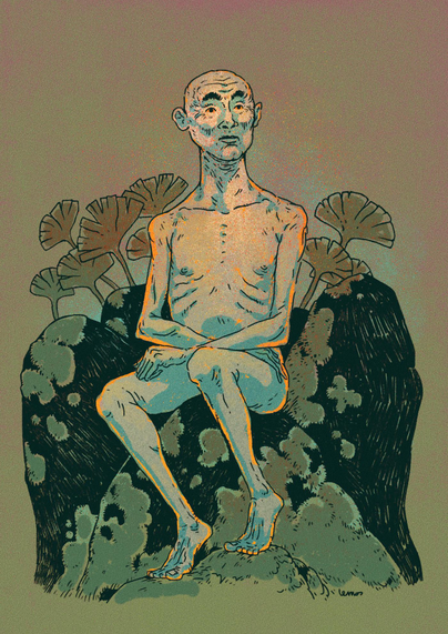 An skinny old man, bald, naked, sitting on a rock in the woods.