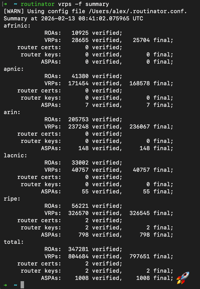 A screenshot of the Routinator summary output.