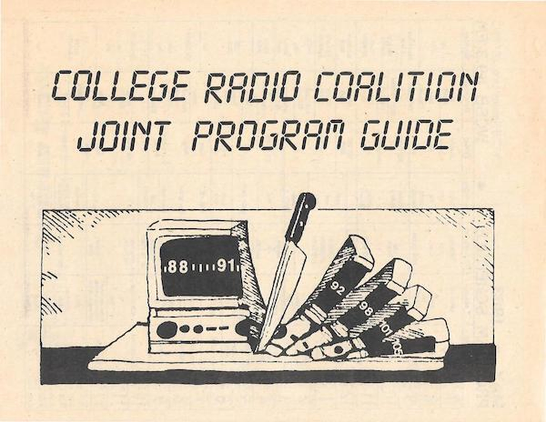 Cover of the Spring 1983 joint program guide produced by the Cleveland College Radio Coalition. Source: DLARC College Radio (donated by Mary Cipriani), featuring a black-and-white cover titled “College Radio Coalition Joint Program Guide.” It shows a small screen displaying radio frequency numbers having been sliced like a loaf of bread.