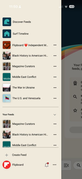 Screenshot of Surf app showing the sidebar menu. 