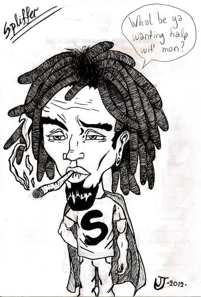 A comic-styled chill dude, smoking weed with a goatee and dreadlocks, wearing a T-shirt with a big S imprinted on it, jeans and a cape, scratching his butt. Top right is a cloud saying "What be ya wanting halp wit' mon?"