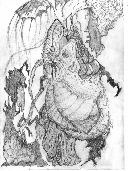 An abstract sketch with pencil that shows an abomination of sorts. Top right is a rock-textures thing with goo-ish things dropping. Top left is a jellyfish-like thing floating with small antennae dropping down. Main body is triangular or pyramidal in shape with ant-like belly, round egg-shaped things on it's top right and the rest of it having hard texture. Some sort of antennae like ant legs are seen coming out of that body.