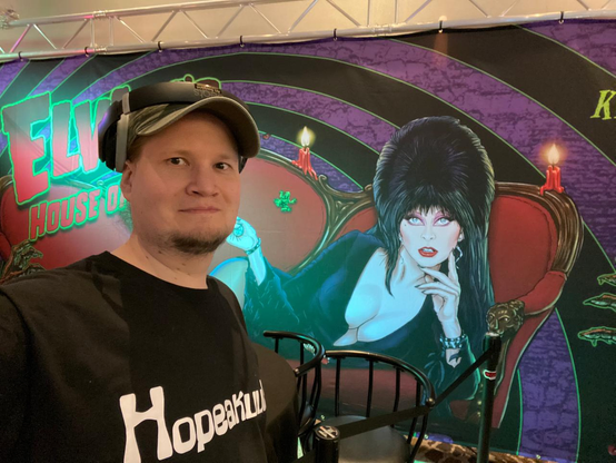 A selfie of me, a Finnish guy in 40s, wearing a black T-shirt that says "Hopeakuula". There's a large Elvira's House of Horrors pinball banner in the background.