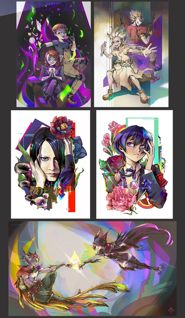 collage of five different digital painting. 
top left is a young girl sitting and boy leaning to the chair in neon vibe backgrounds, both looking cunning.

top right is two characters from same author Riichiro Inagaki, Senku, a spiky hair boy from Dr. Stone posing with Hiruma, American football player carrying two firearms, from Eyeshield21, both showing confident smile.

middle left is closeup portrait of beautiful male figure surrounded by lily flower ornaments.

middle right is closeup portrait of boy with blue hair, fanart of Persona3 protagonist, surrounded by pink carnation ornaments. 

bottom is 2 characters from league of legends Rakan and Xayah doing the iconic pose of classical painting "The Creation of Adam", with abstract colorful background. 