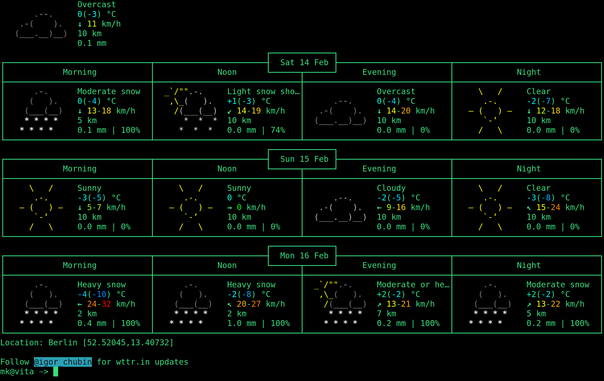 Shell output of "curl http://wttr.in/Berlin"