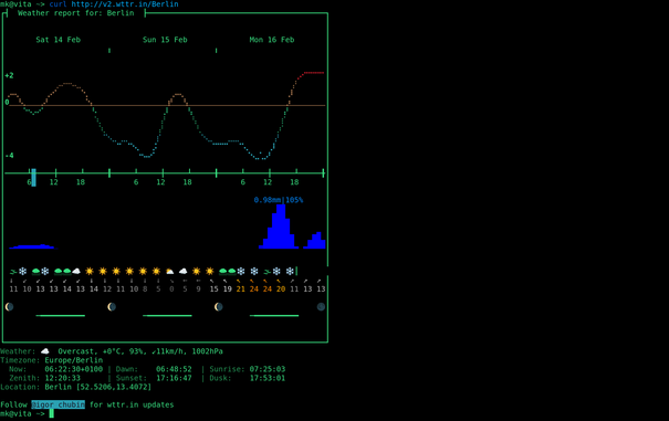 Shell output of "curl http://v2.wttr.in/Berlin"