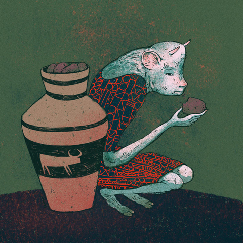 Illustration of a young white minotaur eating a cookie, partially hidden behind çan amphora with a bull painted, and filled with cookies.