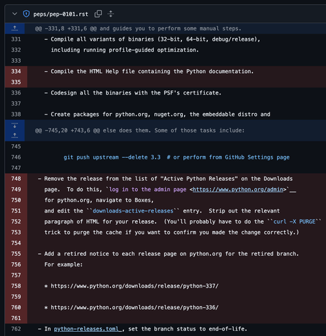 Diff of pep-0101.rst, showing three chunks removed in red.