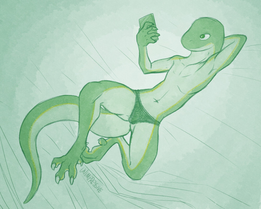 An anthropomorphic snake in lacy underwear laying on a non-descript cloth background, looking at his phone