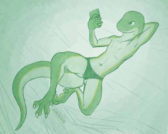 A green anthropomorphic snake in black lacy underwear lounging on a cloth backdrop while scrolling through his phone