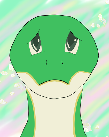 A green anthropomorpholic snake with a sad expression set against a colorful backdrop and pale leaves 