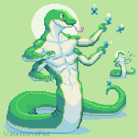 A pixelated image of an athropomorphic snake with four arms and serpentine lower half, smiling as butterflies land on their fingers